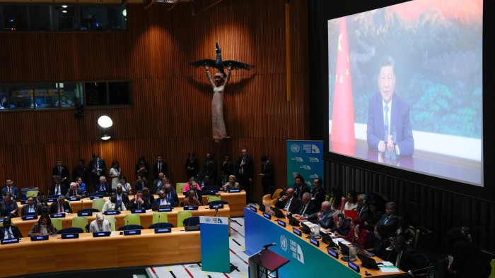 Chinese President Xi Jinping delivering a video address to the UN General Assembly in 2025, highlighting China’s climate pledge.